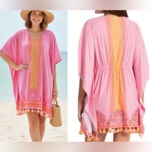 CABANA LIFE Boca Raton Coverluxe Kaftan Swim Cover-Up S/M Colorful Tassel Beach
